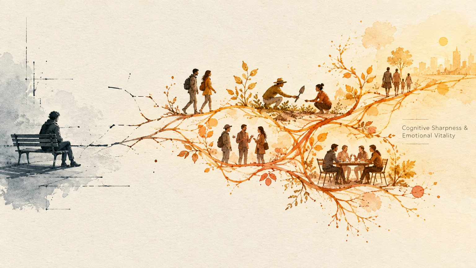 Illustration of a person on a bench connected by branching vine paths to diverse groups socializing and walking toward a city.