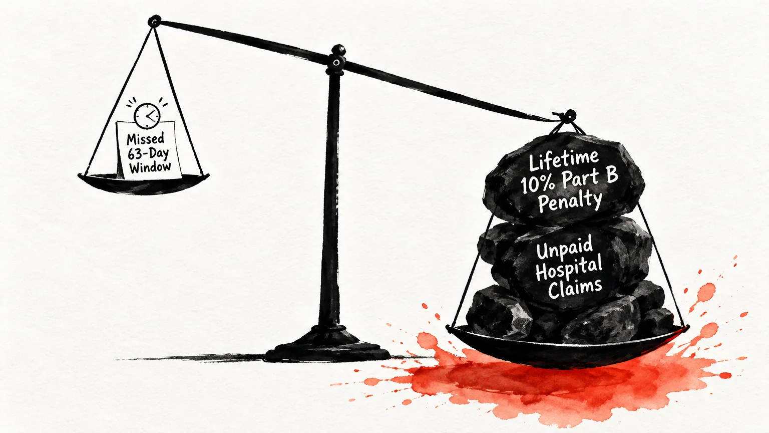 Scale balancing a missed 63-day window note against heavy stones labeled with lifetime penalties and unpaid claims.