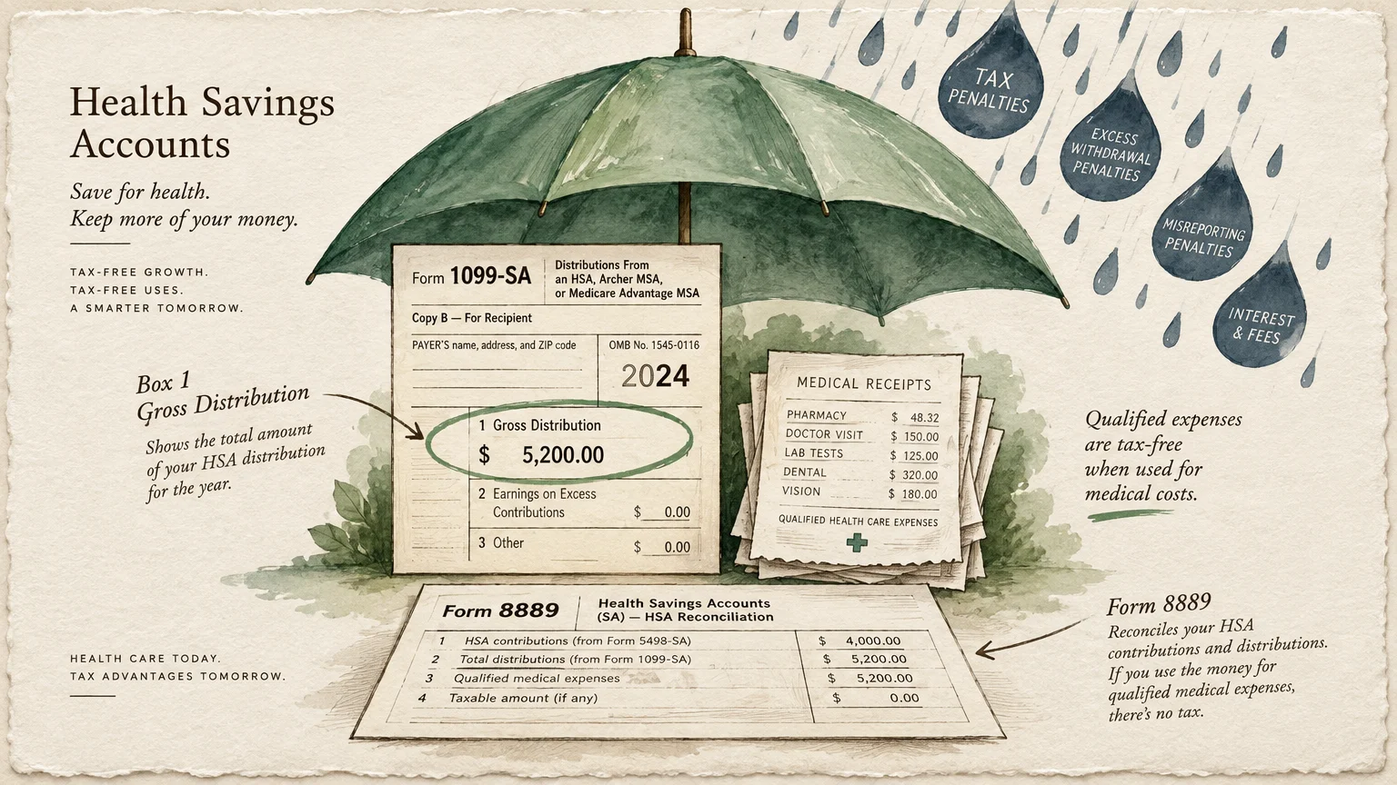 Illustration of tax forms 1099-SA and 8889 sheltered under a green umbrella from tax penalty raindrops.