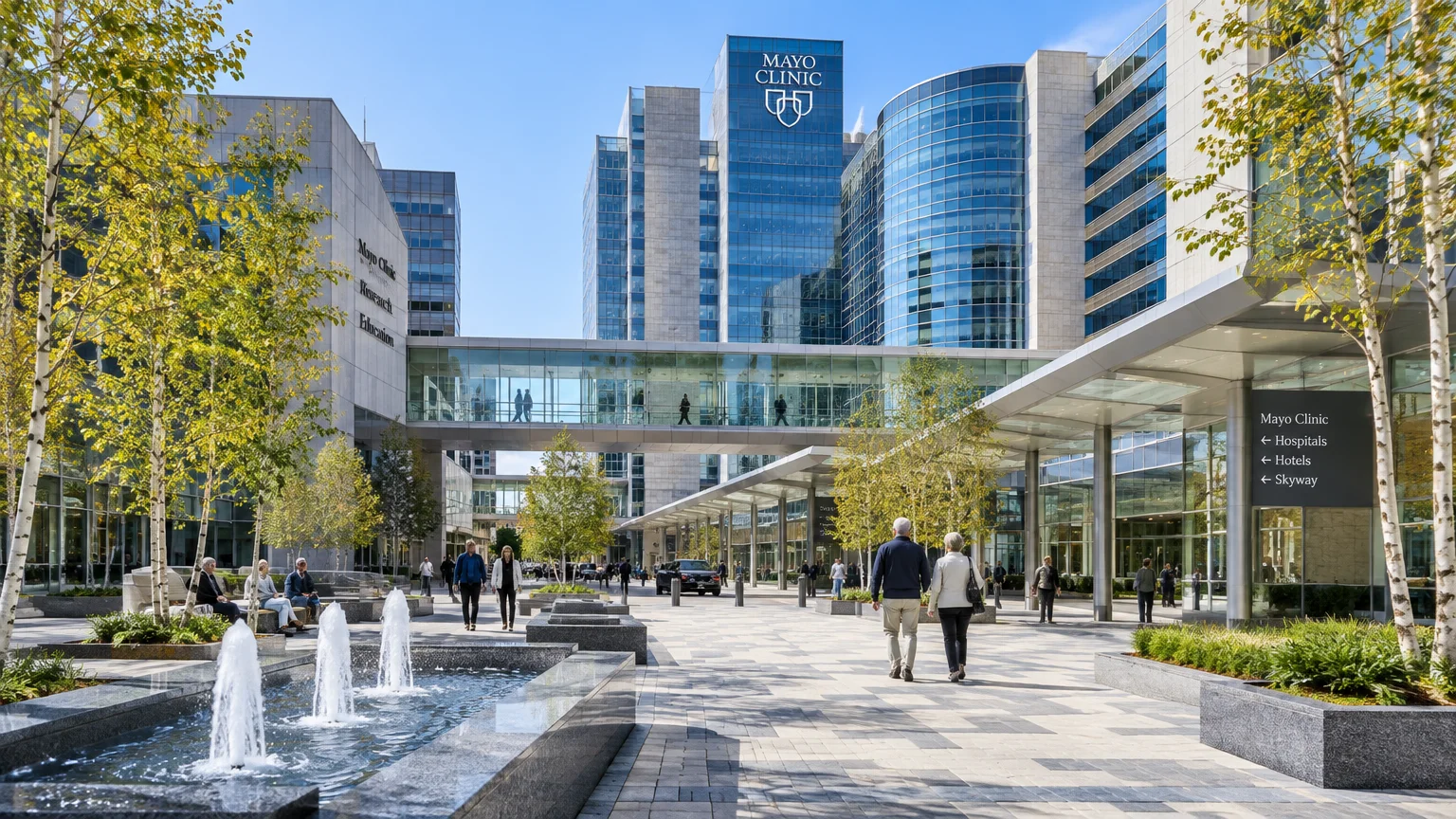 Pedestrian plaza with water fountains and trees outside modern Mayo Clinic glass buildings connected by a skyway bridge.