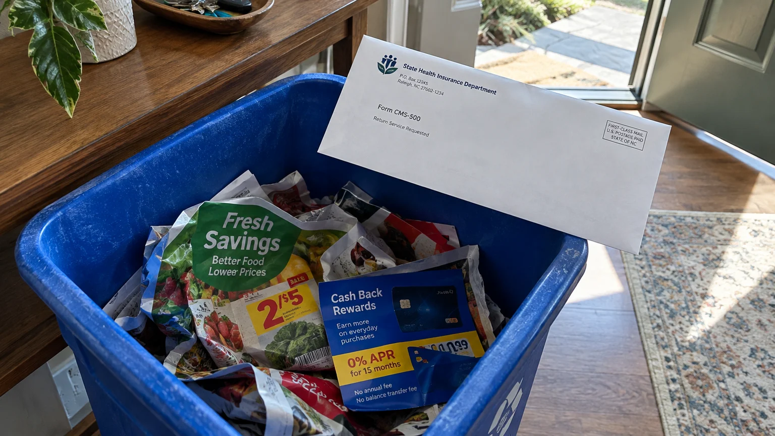 A white Form CMS-500 envelope rests on the edge of a blue recycling bin filled with junk mail flyers.