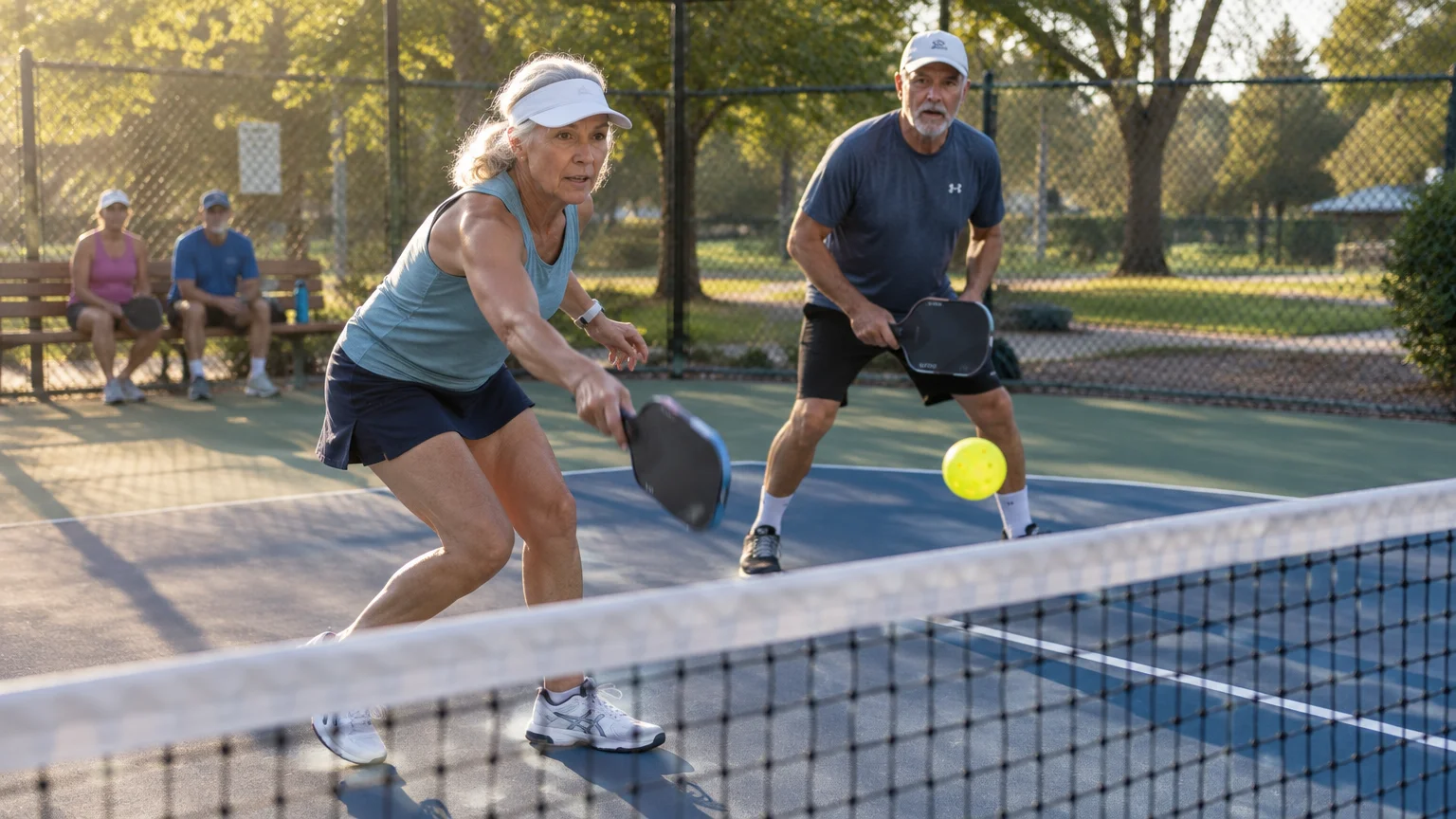 An older woman and man play doubles pickleball on an outdoor blue court, returning a yellow ball across the net.