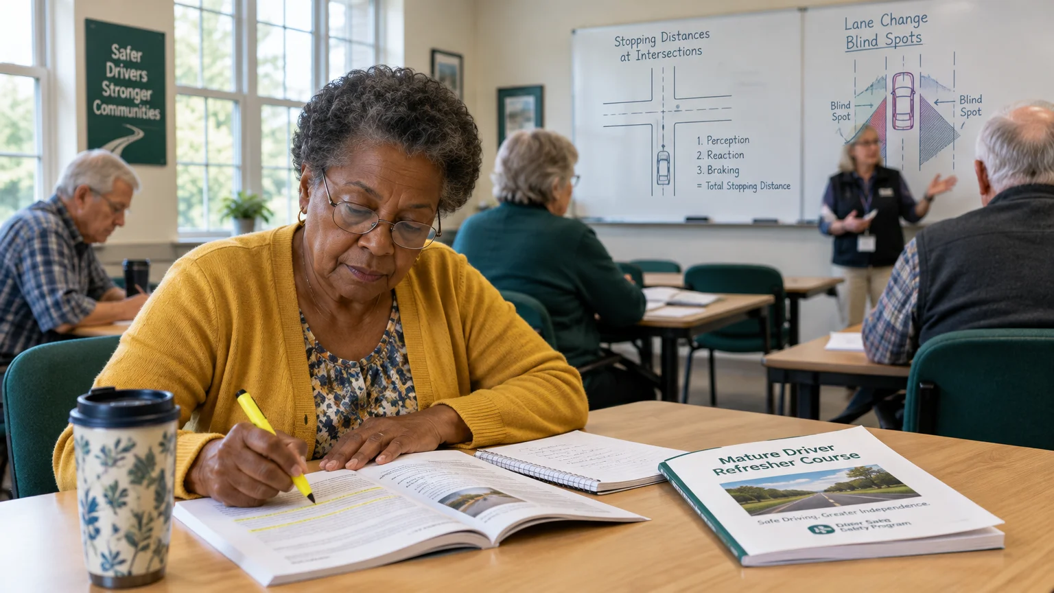 Senior woman highlights a booklet in a mature driver refresher classroom with other adults and an instructor at the whiteboard.