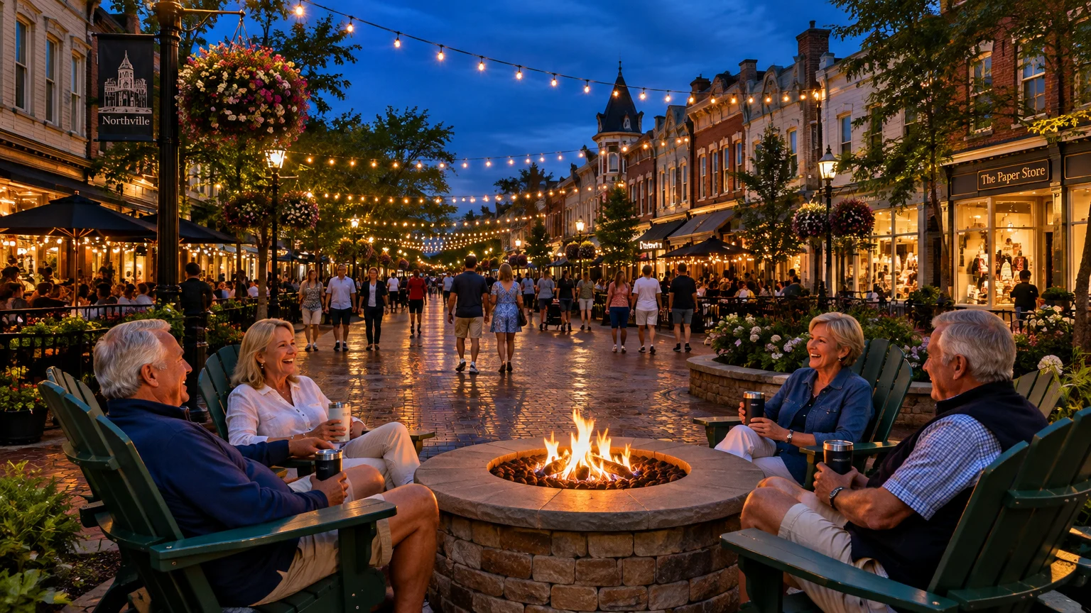 Four adults sit in green armchairs around a stone fire pit on a lively, string-lit brick pedestrian street at dusk.