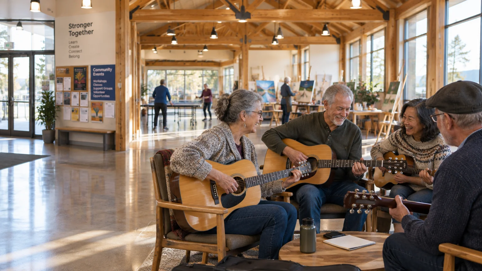 Older adults play acoustic guitars together in a sunlit community center with high timber ceilings and art easels.