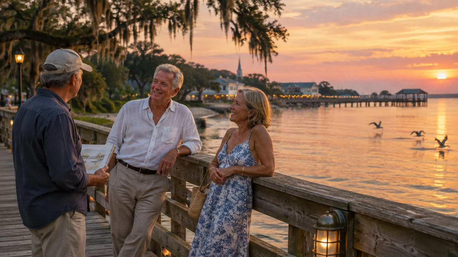 Three older adults chat on a wooden waterfront boardwalk at sunset, with coastal buildings and Spanish moss in the background.