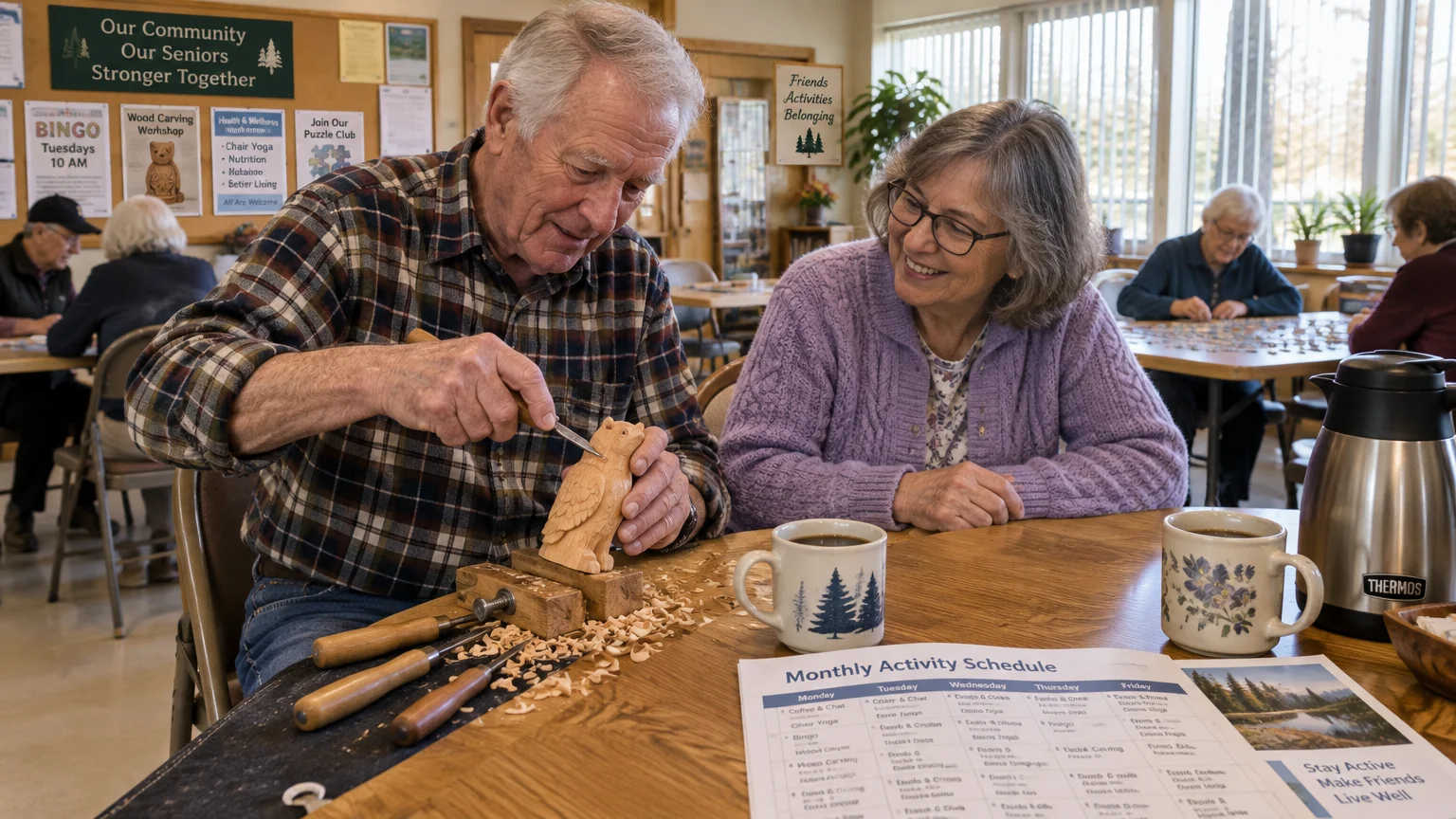 An older man carves a wooden owl beside a smiling woman at a table with coffee mugs and an activity schedule.