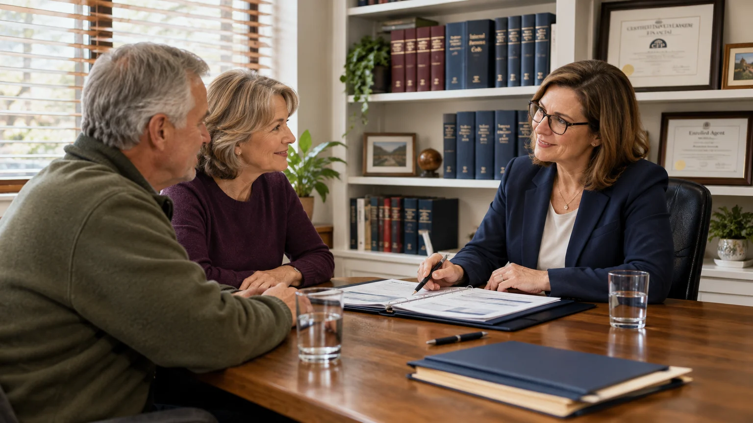 A female financial advisor reviews documents at a desk with an older couple in an office lined with bookshelves.