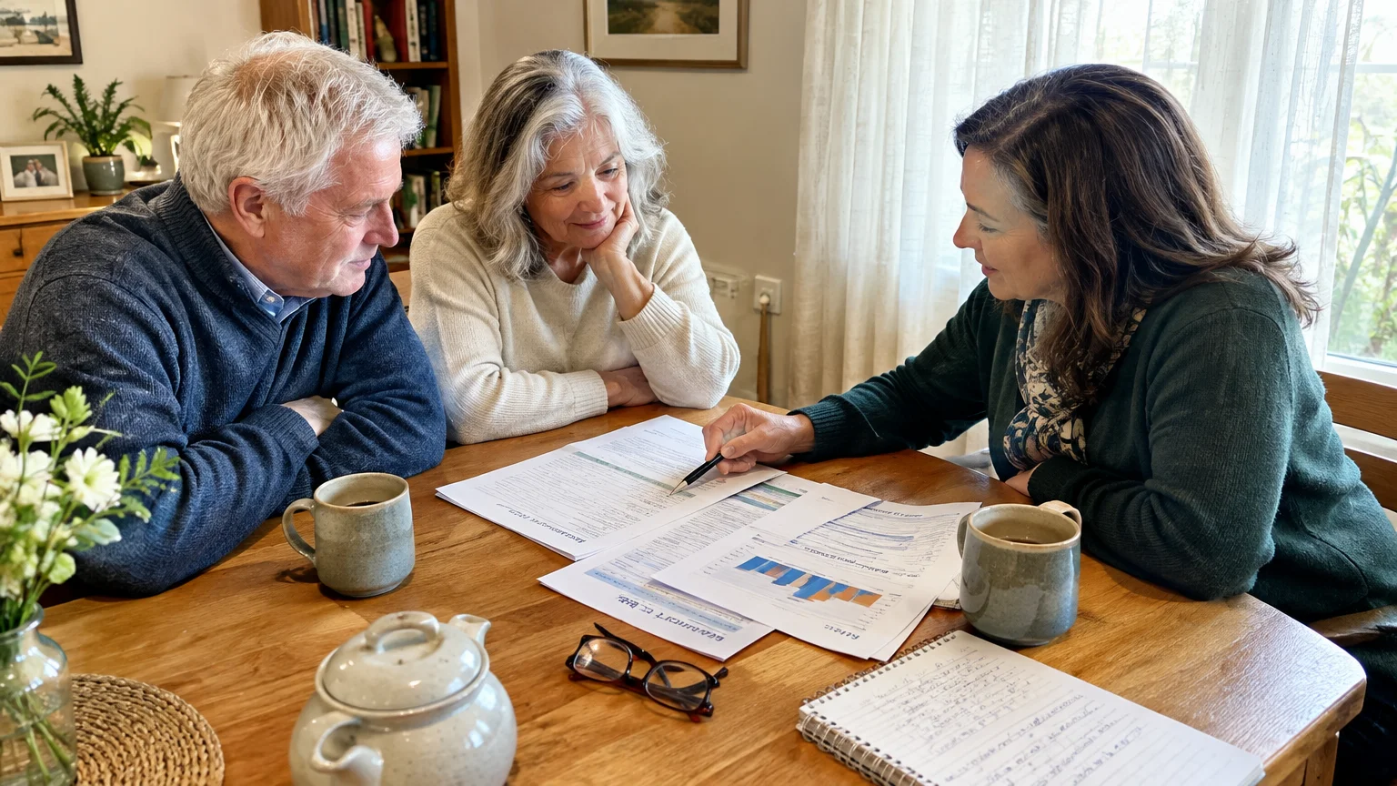 A senior couple sits at a wooden table reviewing financial documents and charts with an advisor holding a pen.