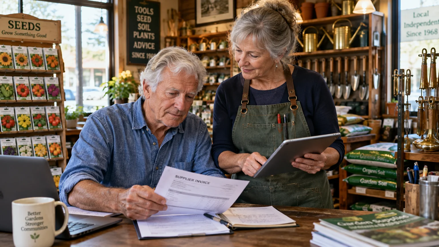 A mature man and woman review paperwork and a digital tablet together behind the counter of a garden supply shop.