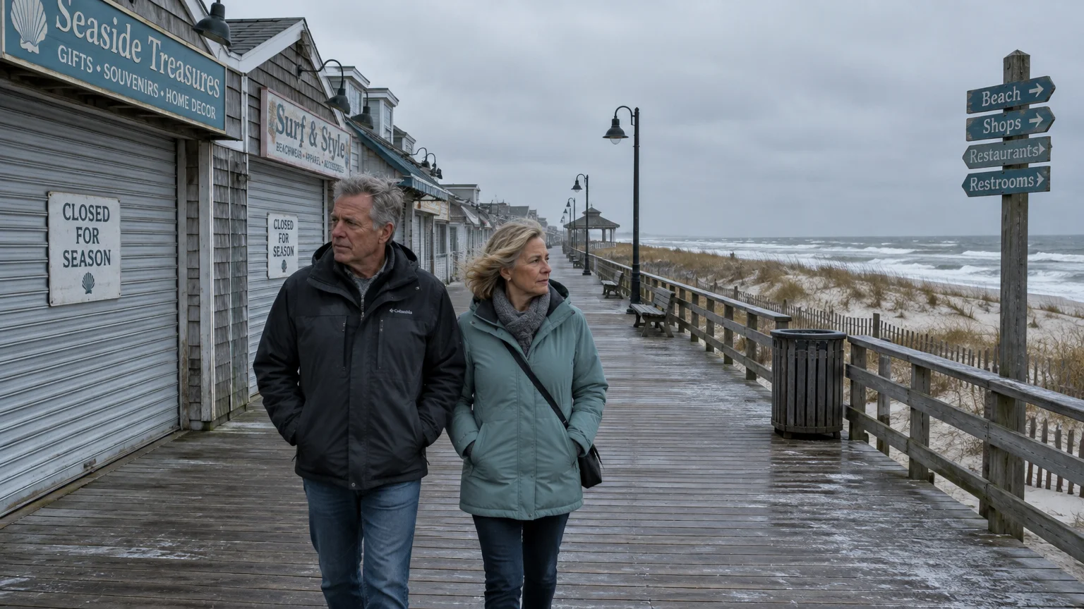 Older couple walking along an empty boardwalk on a cold, overcast day past beach shops marked closed for the season.