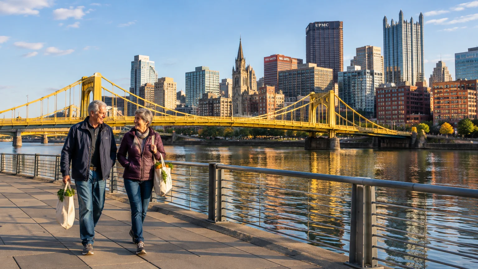 An older couple carries grocery totes along a waterfront promenade before a yellow suspension bridge and Pittsburgh skyline.