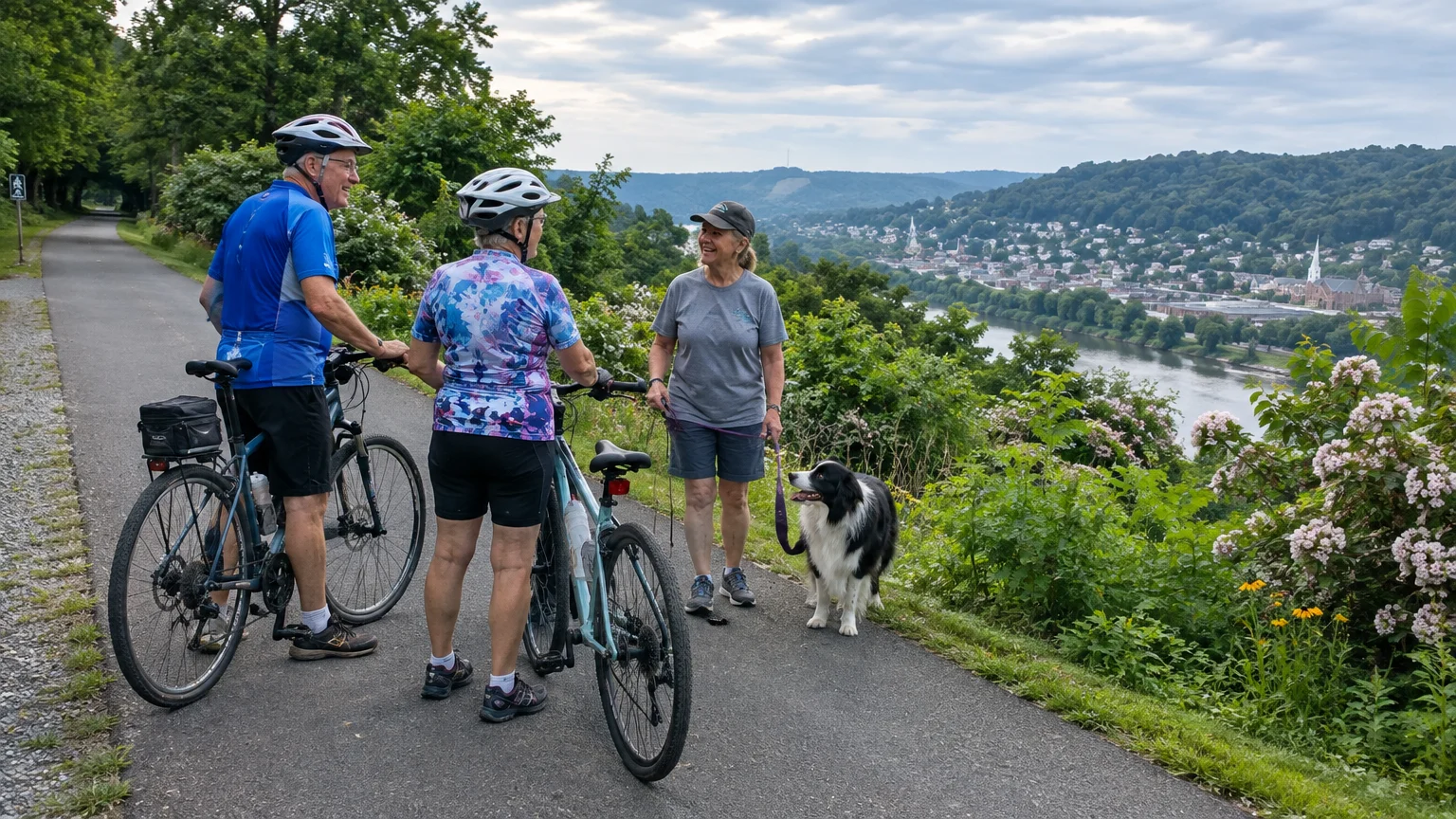 Two cyclists talk with a woman walking a dog along a paved riverside trail overlooking a distant town.