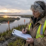 A woman in a mud-splattered jacket and safety vest writes on a clipboard outdoors in a coastal marsh at sunrise.