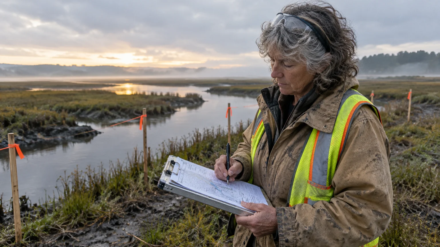 A woman in a mud-splattered jacket and safety vest writes on a clipboard outdoors in a coastal marsh at sunrise.
