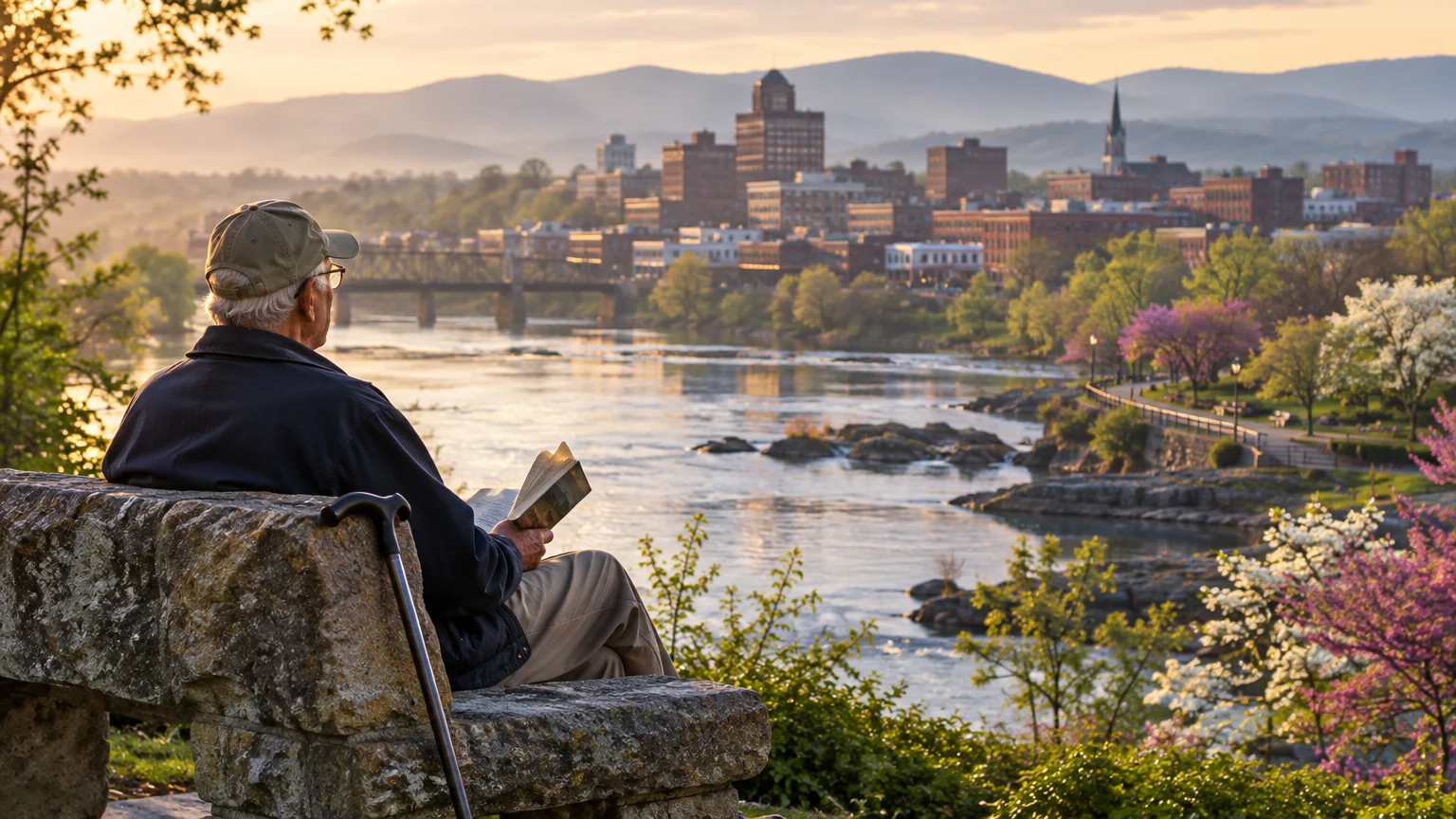 Senior man sitting on a stone bench reading a book, overlooking a river and city skyline framed by mountains.