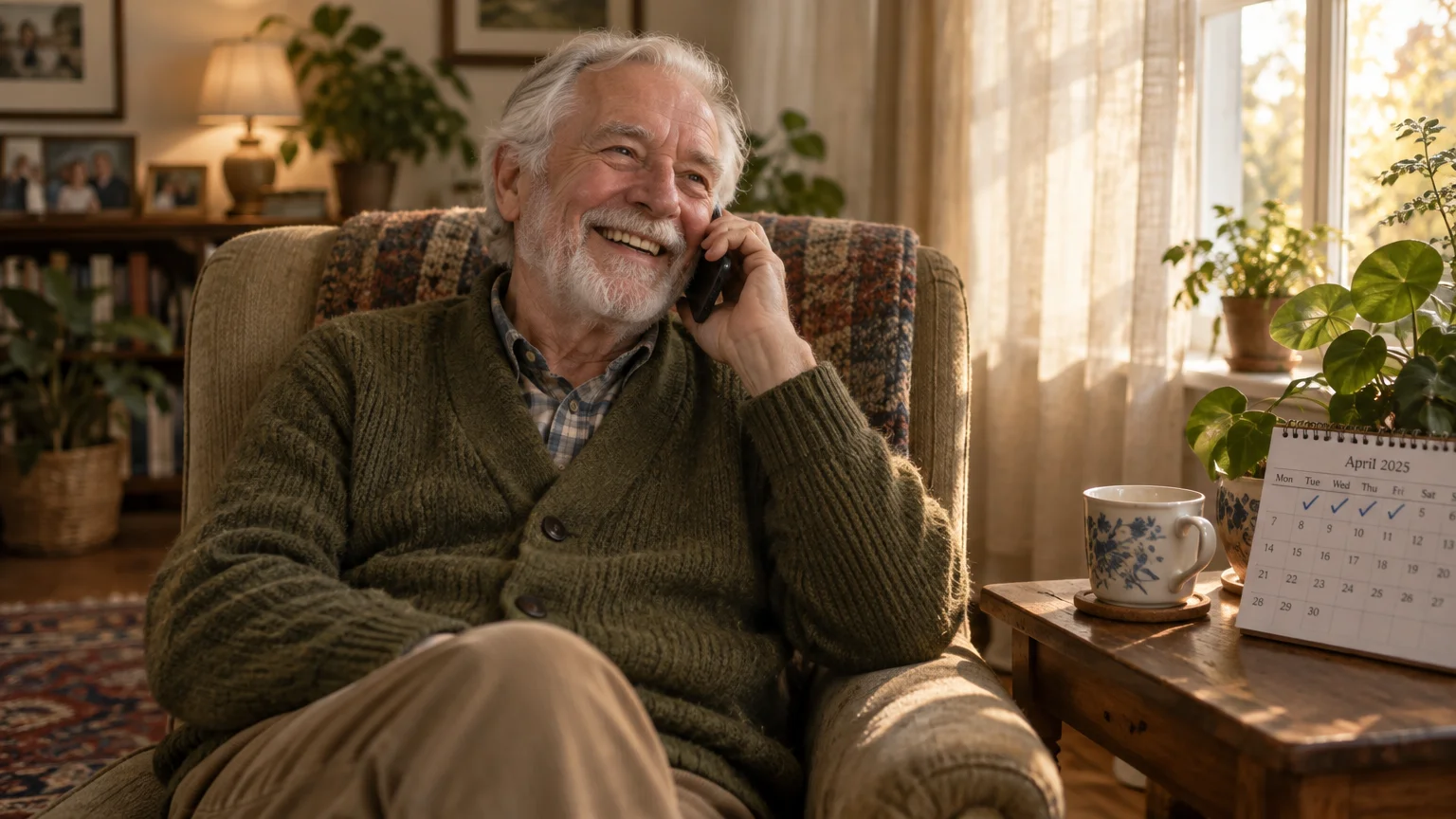 Senior man with white hair and beard smiling while talking on a phone in an armchair beside a window.