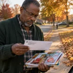 Senior man standing by a brick mailbox outdoors, reviewing a plain white envelope among a stack of colorful flyers.