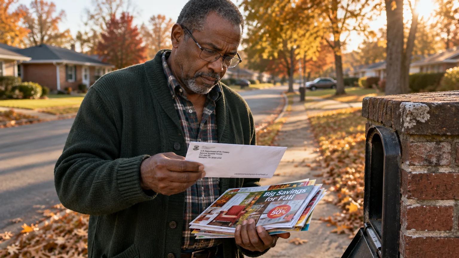 Senior man standing by a brick mailbox outdoors, reviewing a plain white envelope among a stack of colorful flyers.