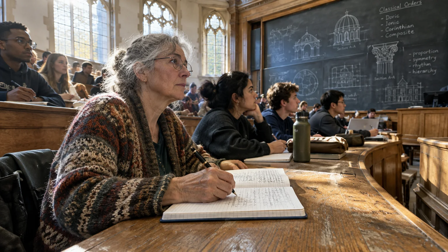 A mature woman in glasses writes in a notebook while seated with students in a sunlit tiered lecture hall.