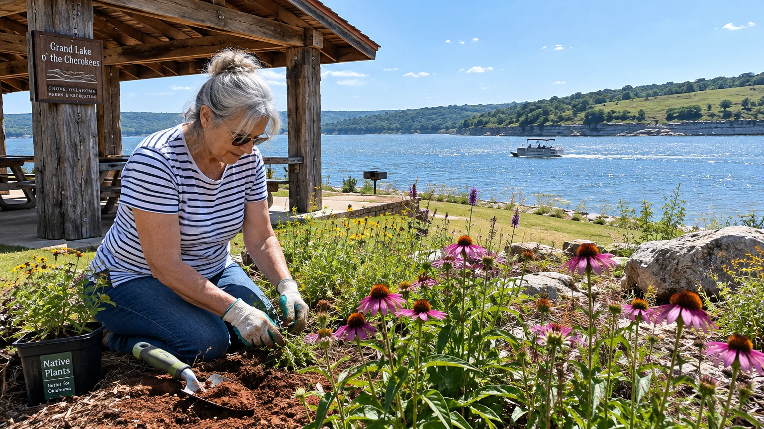 A woman gardens purple coneflowers near a wooden pavilion beside a blue lake with a pontoon boat in the distance.
