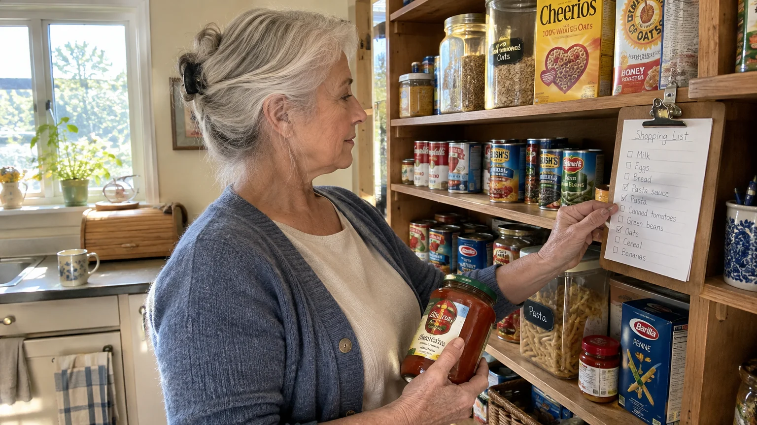 Senior woman holding a jar of pasta sauce while checking off items on a shopping list by a pantry.