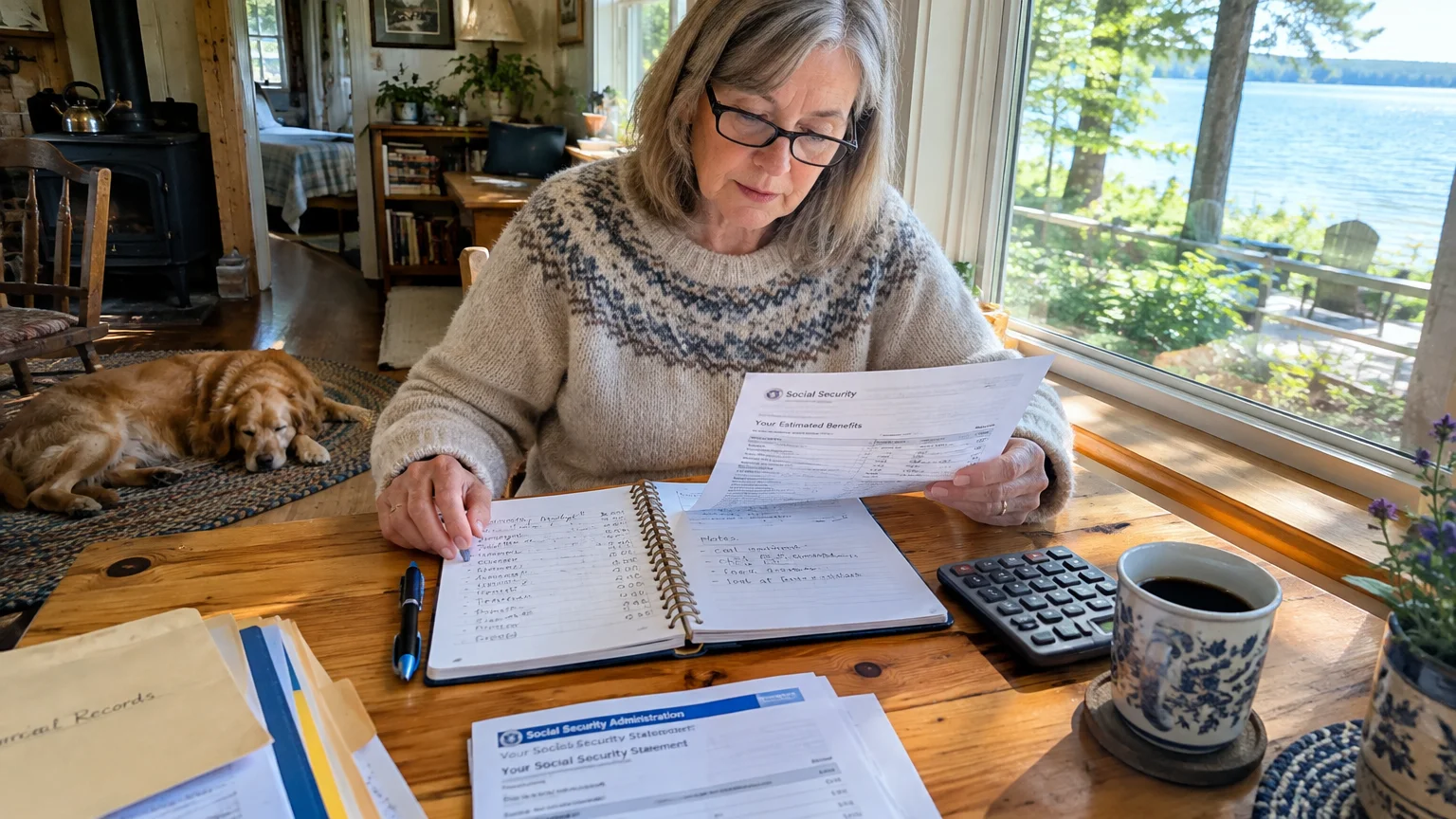 A woman sits at a wooden table reviewing a Social Security statement beside a notebook, calculator, and sleeping dog.
