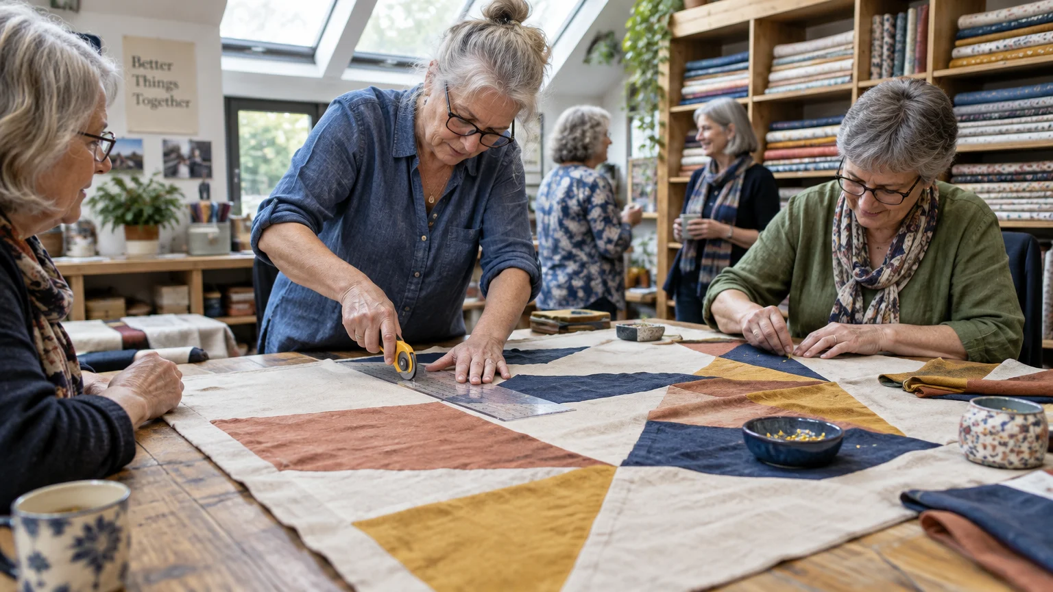 Older women cutting and assembling fabric pieces around a wooden workshop table with fabric shelves behind them.