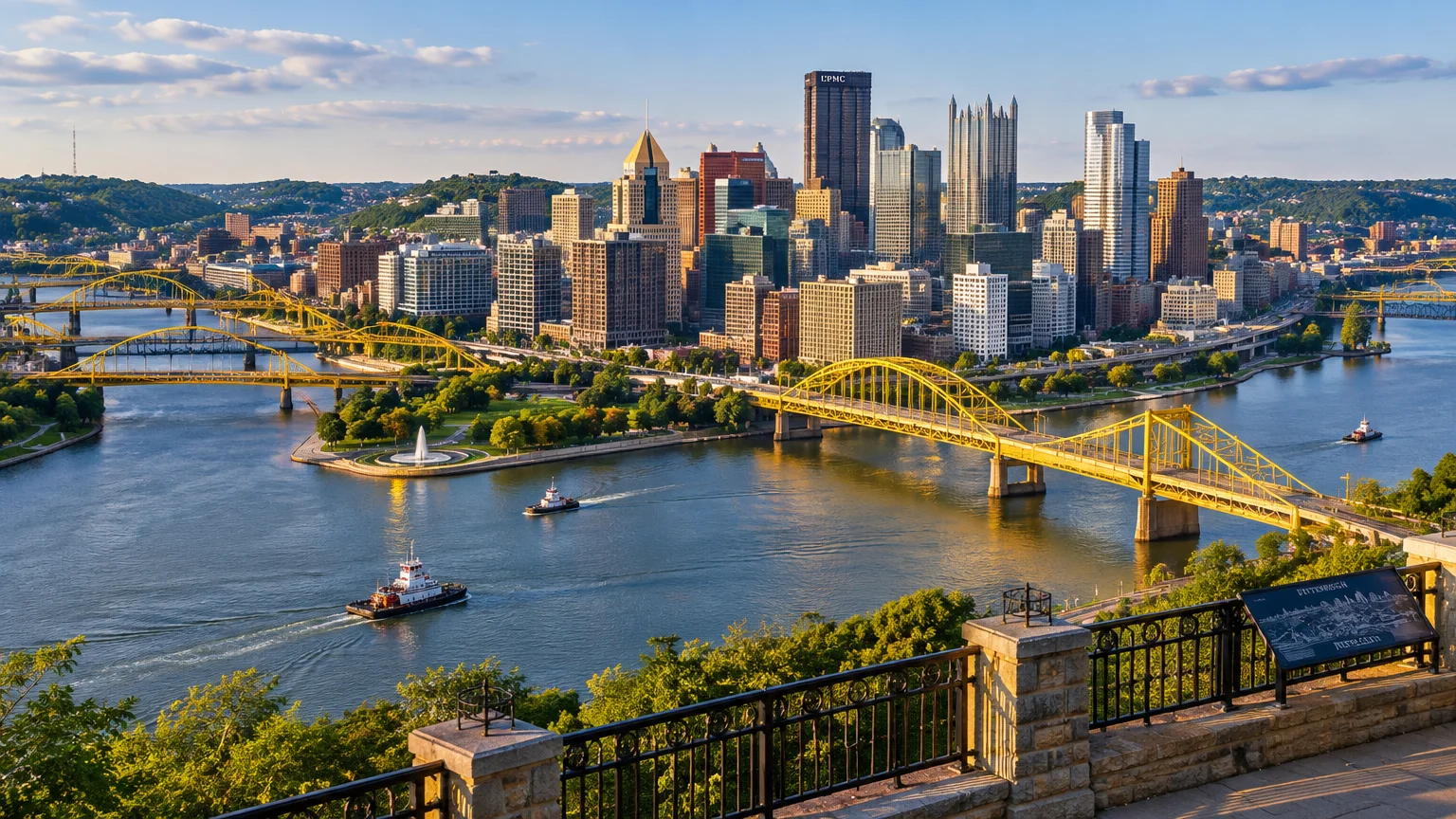 Pittsburgh skyline and Point State Park framed by yellow bridges and riverboats, viewed from an elevated overlook.