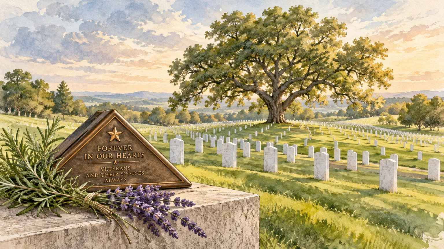 Watercolor illustration of a military cemetery with rows of headstones, an oak tree, and a memorial plaque with flowers.