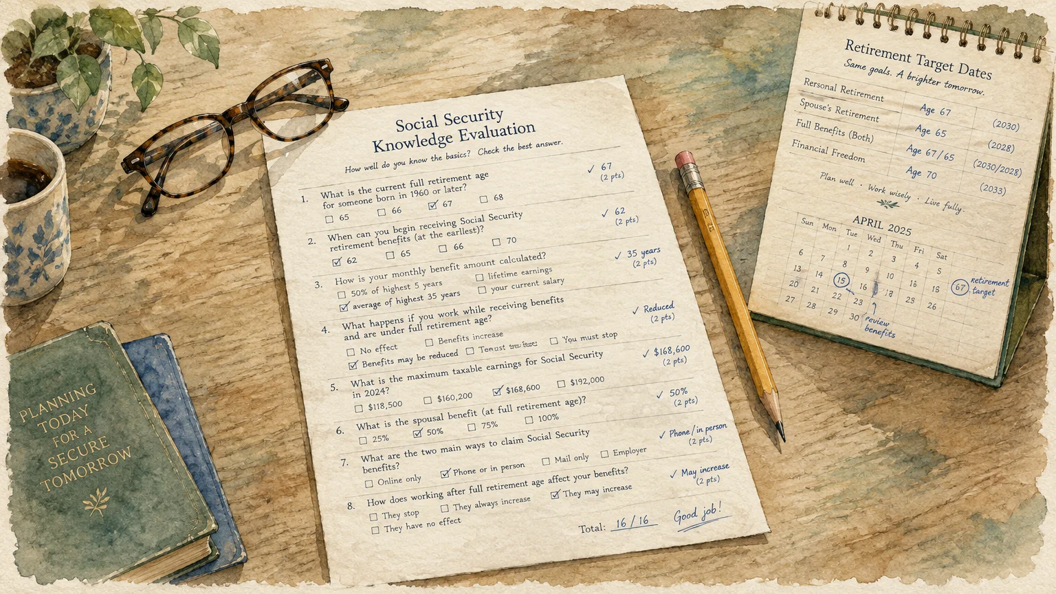 Completed Social Security quiz paper with a pencil, eyeglasses, desktop calendar, and notebook on a wooden surface.