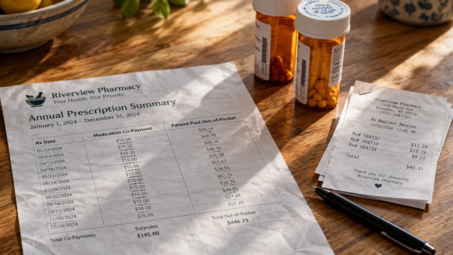 Annual prescription summary sheet beside two amber pill bottles, register receipts, and a pen on a wooden table.