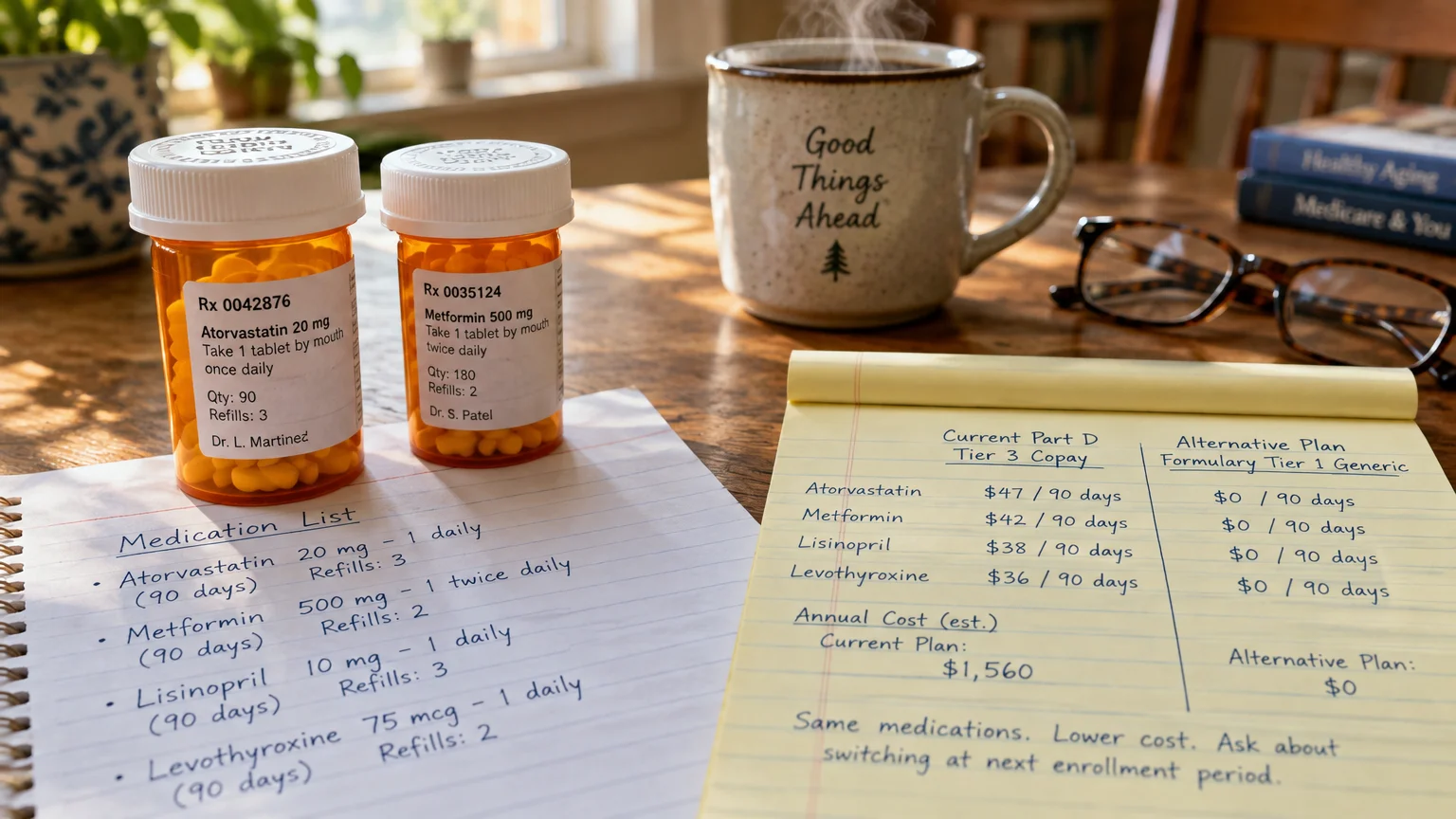 Two prescription pill bottles beside handwritten medication cost comparison notes, a coffee mug, and eyeglasses on a table.