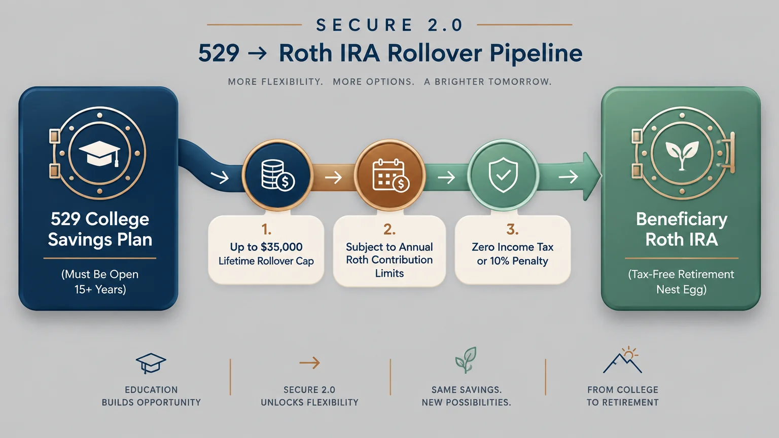 Flowchart diagram showing the SECURE 2.0 rollover pipeline from a 529 College Savings Plan to a Beneficiary Roth IRA.