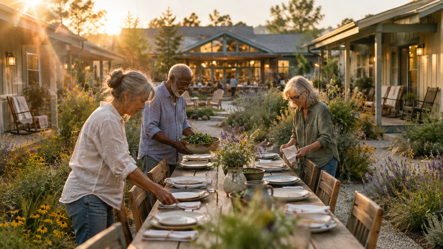 Three older adults set an outdoor dining table in a courtyard surrounded by houses, garden flowers, and evening sunlight.