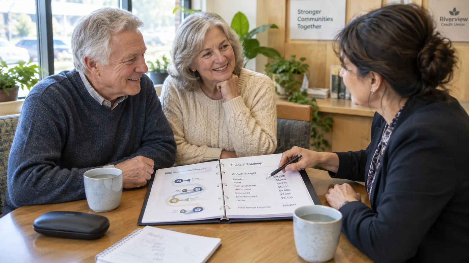 A financial advisor points at an annual budget binder while meeting with a senior couple seated at a table.
