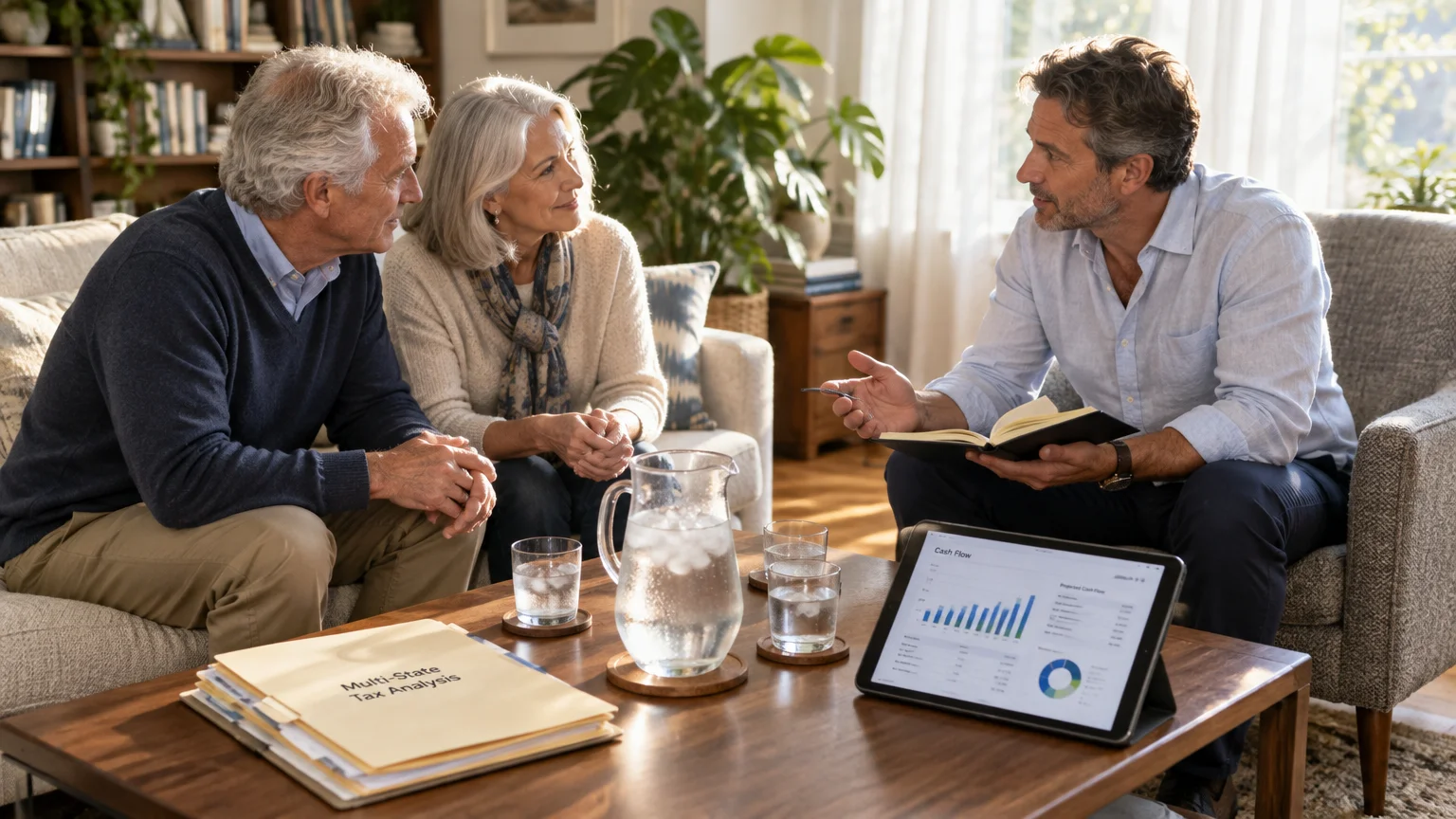 A financial advisor speaks with a senior couple over coffee table documents labeled Multi-State Tax Analysis.