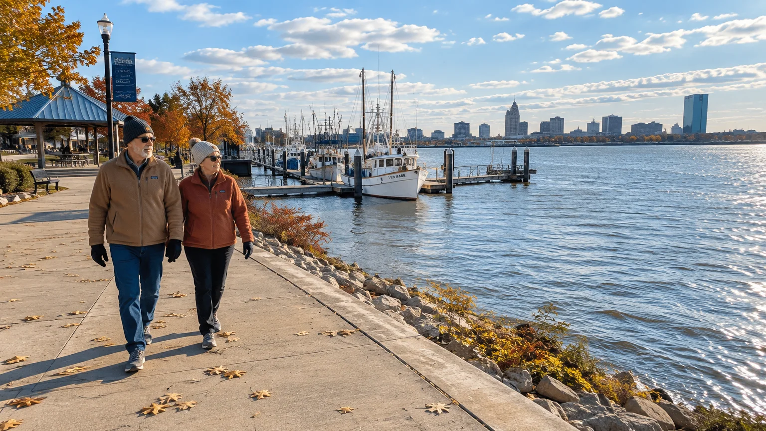 An older couple walks along a paved waterfront promenade near moored boats with a city skyline across the water.