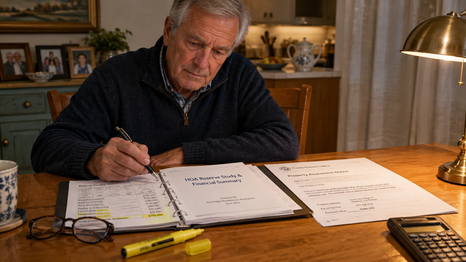 A senior man sits at a wooden table reviewing an HOA reserve study binder and property assessment notice with a pen.