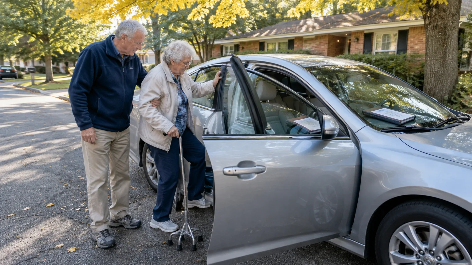 A senior man helps an elderly woman with a cane step out of a silver sedan parked on a residential street.