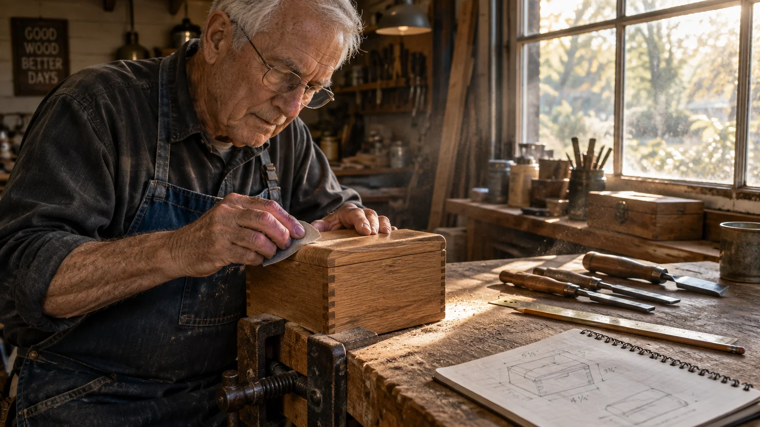 An elderly craftsman wearing glasses and an apron sands a wooden box at a workbench near a sunny workshop window.