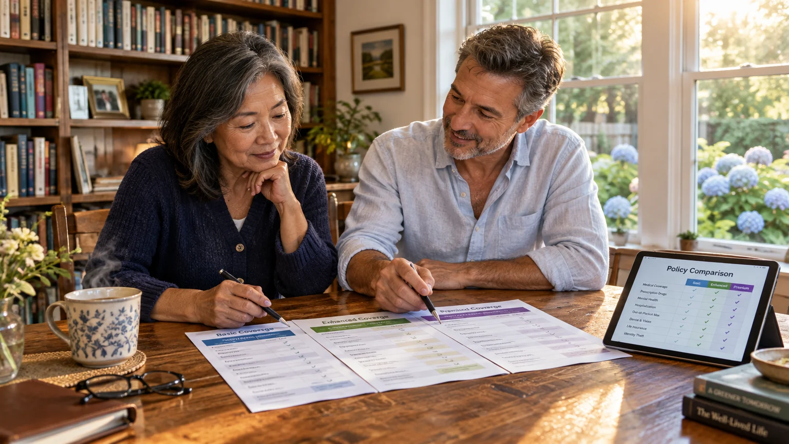 A man and woman review policy comparison documents and a digital tablet at a wooden table in a home library.