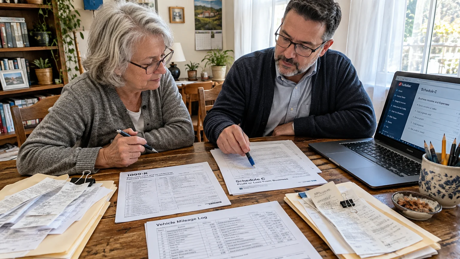 A man and woman review tax forms and mileage logs at a wooden table with a laptop.