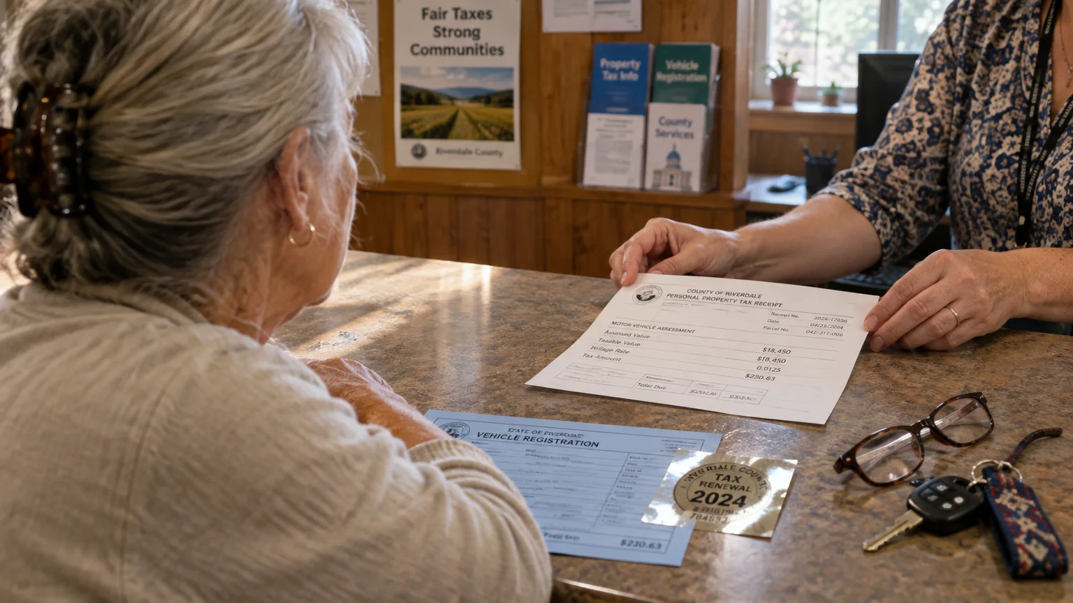 A clerk hands a personal property tax receipt for a motor vehicle to an older woman at a municipal service counter.