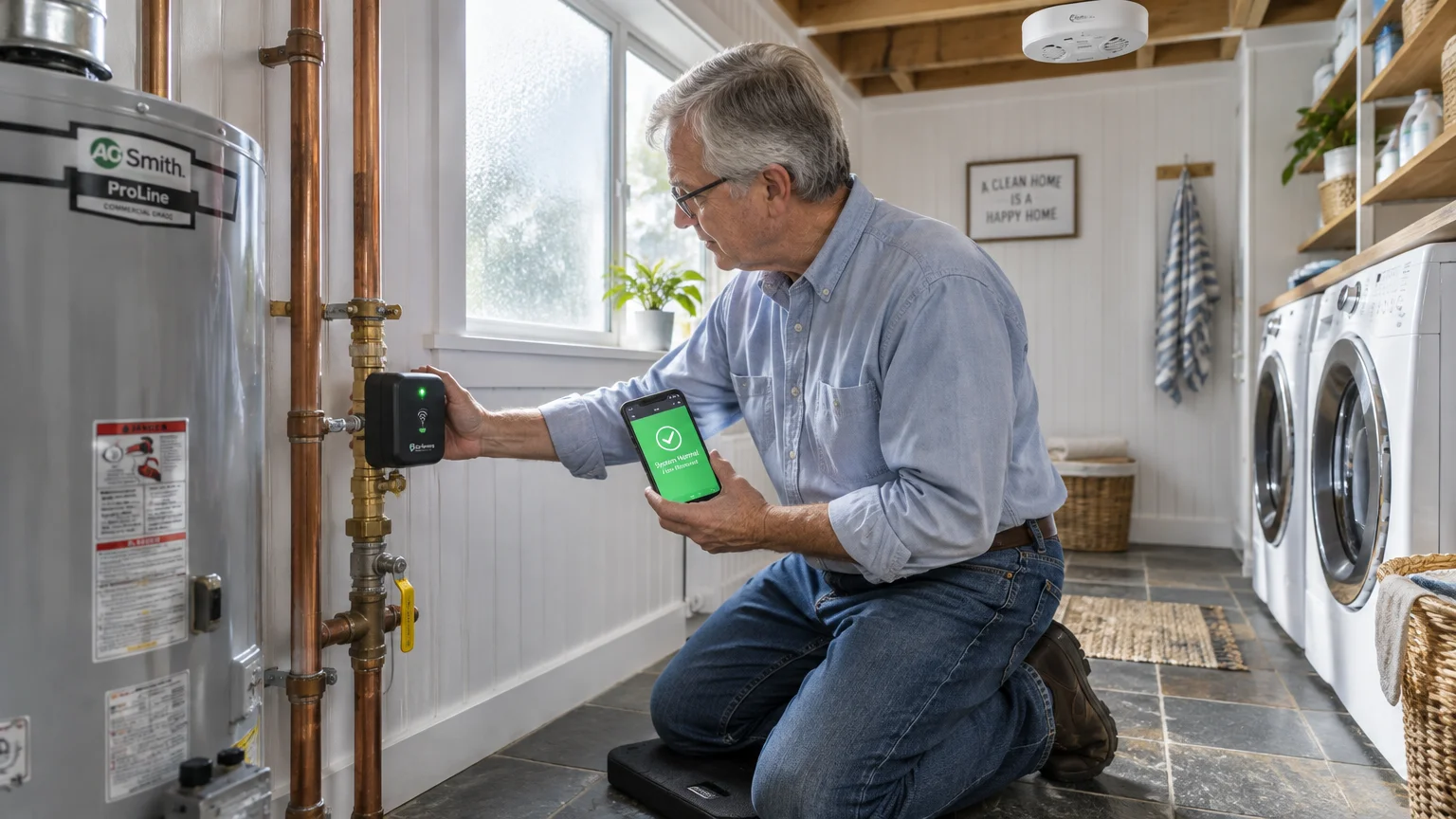 Senior man kneeling in a laundry room inspecting a smart water shutoff device on pipes using his smartphone.