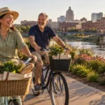 A smiling mature couple rides bicycles with grocery-filled baskets along a paved riverside path near a city skyline.