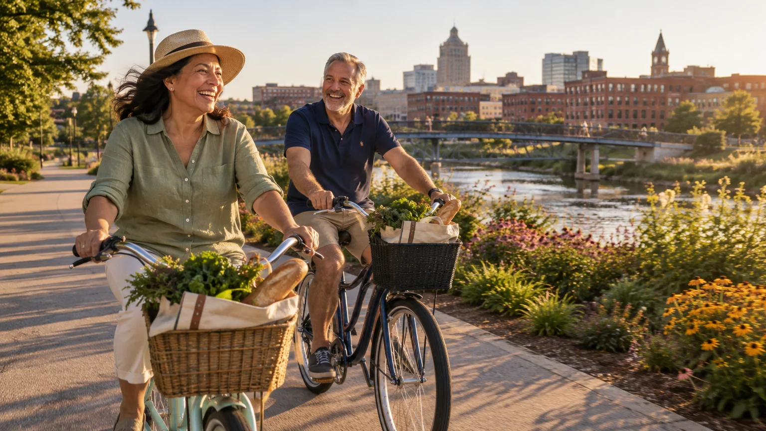 A smiling mature couple rides bicycles with grocery-filled baskets along a paved riverside path near a city skyline.