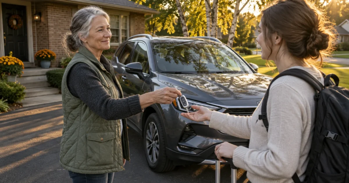 An older woman hands car keys to a young woman with a backpack and luggage in a driveway in front of an SUV.