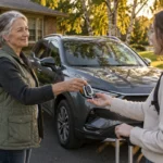 An older woman hands car keys to a young woman with a backpack and luggage in a driveway in front of an SUV.