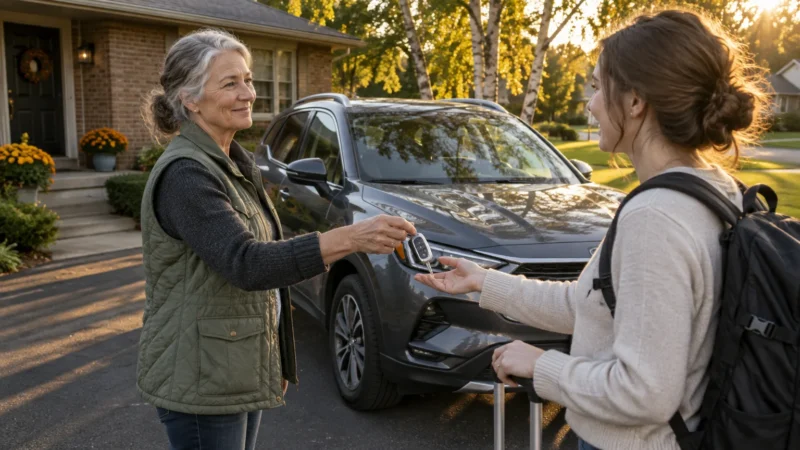 An older woman hands car keys to a young woman with a backpack and luggage in a driveway in front of an SUV.